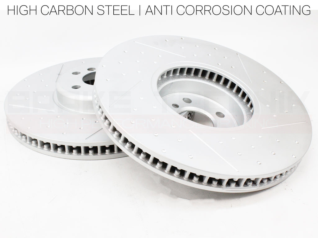 FOR BMW I4 EDRIVE40 RWD G26 2021- FRONT REAR PERFORMANCE DIMPLE AND GROOVED BRAKE DISCS AND PREMIUM BRAKE PADS & SENSORS