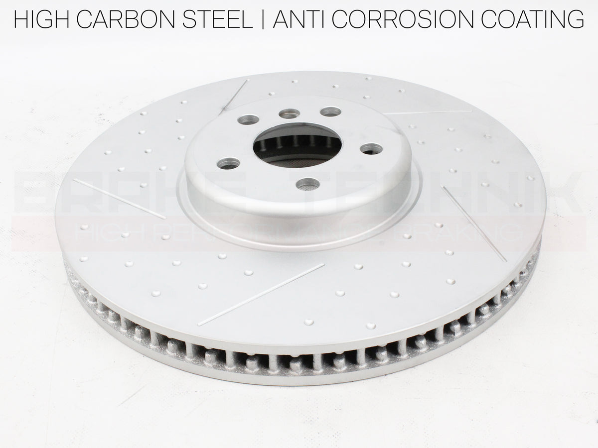 FOR BMW I4 EDRIVE40 RWD G26 2021- FRONT REAR PERFORMANCE DIMPLE AND GROOVED BRAKE DISCS AND PREMIUM BRAKE PADS & SENSORS