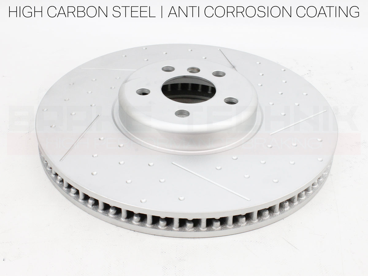 FOR BMW I4 EDRIVE40 RWD G26 2021- FRONT REAR PERFORMANCE DIMPLE AND GROOVED BRAKE DISCS AND PREMIUM BRAKE PADS & SENSORS