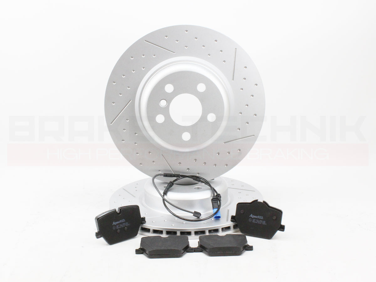 FOR BMW I4 EDRIVE40 RWD G26 2021- FRONT REAR PERFORMANCE DIMPLE AND GROOVED BRAKE DISCS AND PREMIUM BRAKE PADS & SENSORS
