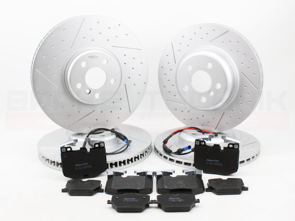 FOR BMW I4 EDRIVE40 RWD G26 2021- FRONT REAR PERFORMANCE DIMPLE AND GROOVED BRAKE DISCS AND PREMIUM BRAKE PADS & SENSORS
