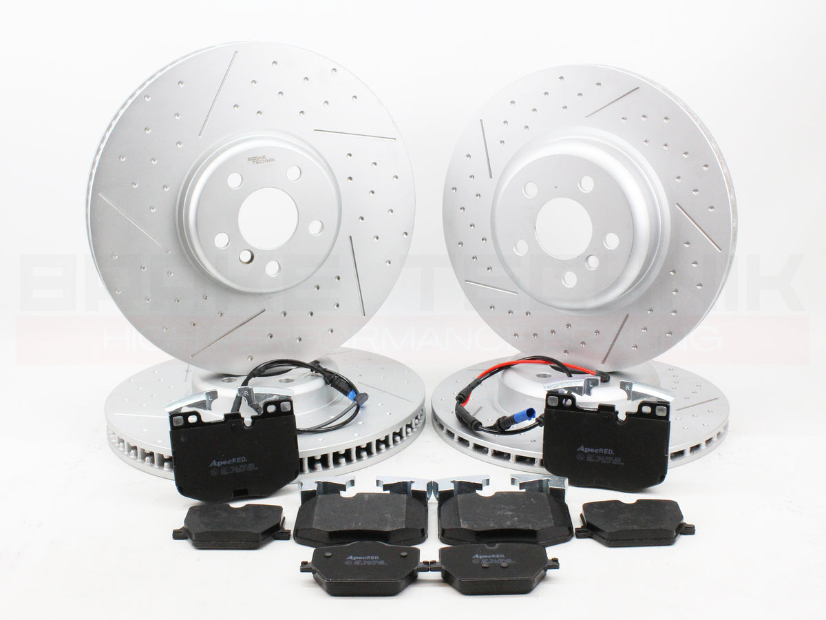 FOR BMW I4 EDRIVE40 RWD G26 2021- FRONT REAR PERFORMANCE DIMPLE AND GROOVED BRAKE DISCS AND PREMIUM BRAKE PADS & SENSORS