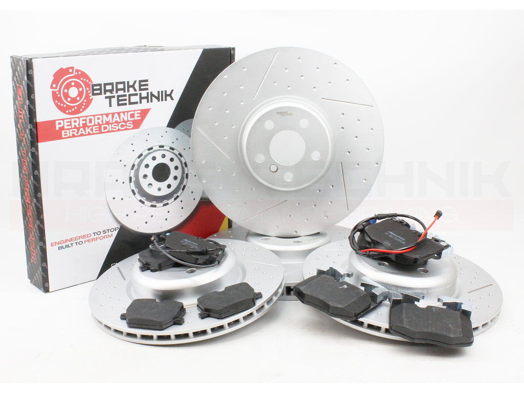 FOR BMW I4 EDRIVE40 RWD G26 2021- FRONT REAR PERFORMANCE DIMPLE AND GROOVED BRAKE DISCS AND PREMIUM BRAKE PADS & SENSORS