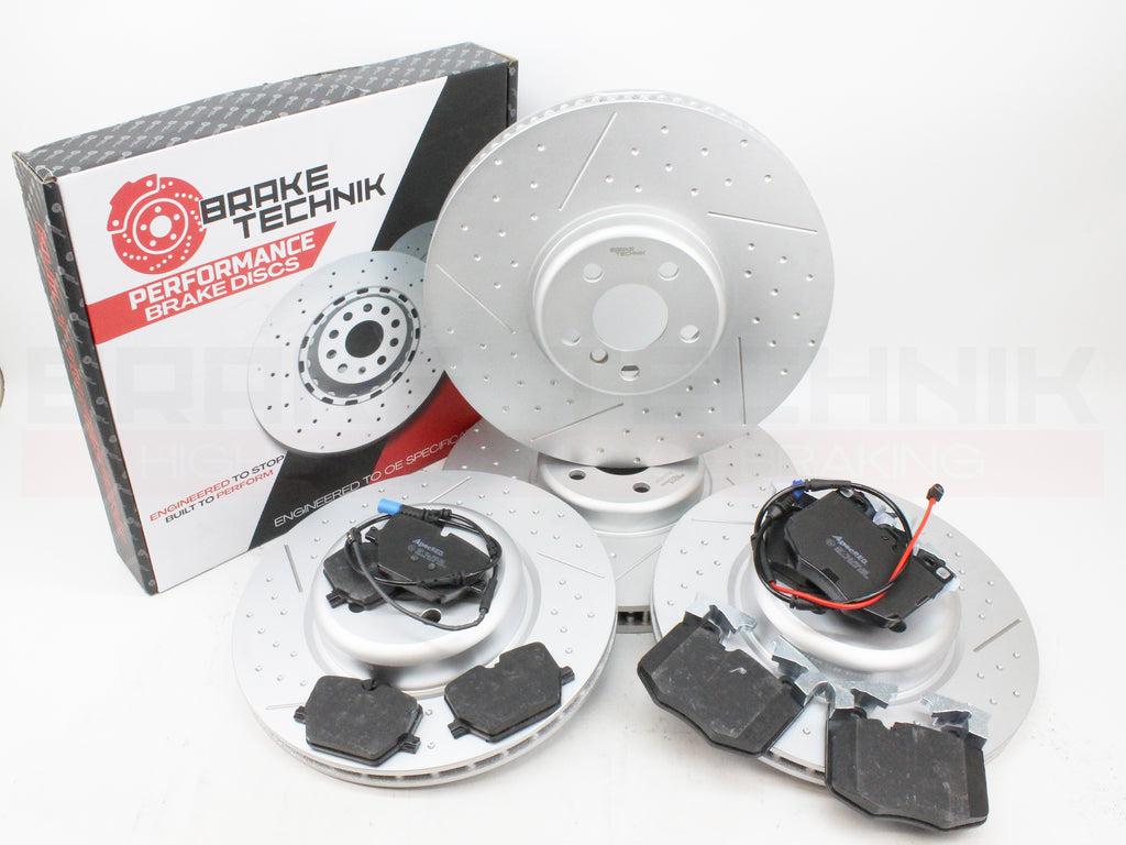 FOR BMW I4 EDRIVE40 RWD G26 2021- FRONT REAR PERFORMANCE DIMPLE AND GROOVED BRAKE DISCS AND PREMIUM BRAKE PADS & SENSORS