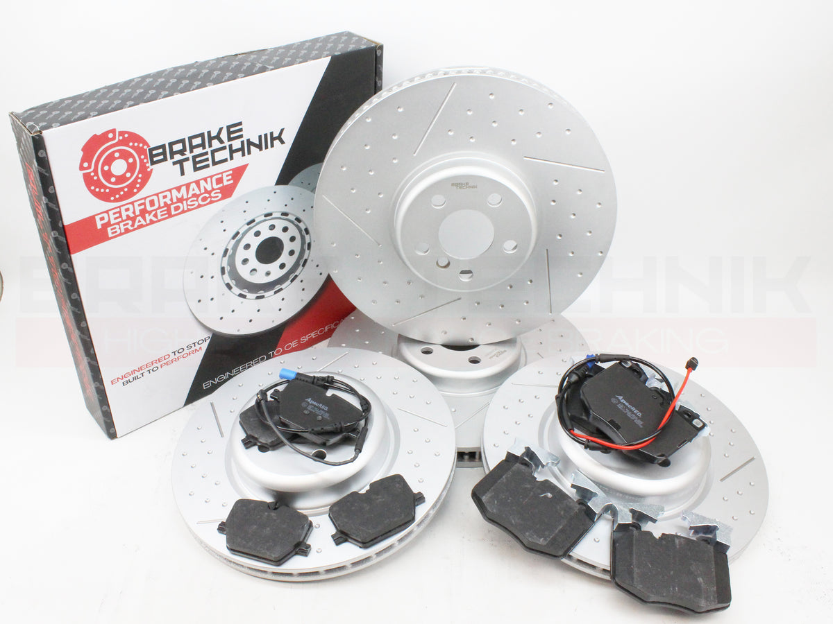 FOR BMW I4 EDRIVE40 RWD G26 2021- FRONT REAR PERFORMANCE DIMPLE AND GROOVED BRAKE DISCS AND PREMIUM BRAKE PADS & SENSORS