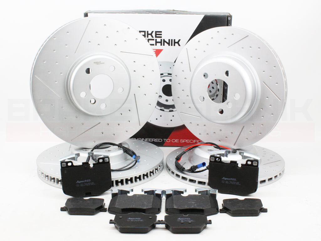 FOR BMW I4 EDRIVE40 RWD G26 2021- FRONT REAR PERFORMANCE DIMPLE AND GROOVED BRAKE DISCS AND PREMIUM BRAKE PADS & SENSORS