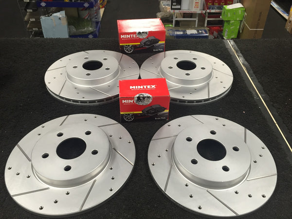 FOR JAGUAR X TYPE ESTATE CROSS DRILLED GROOVED MINTEX BRAKE DISCS PADS F+R 