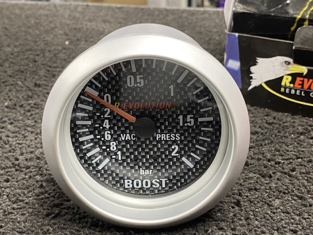 UNIVERSAL VACCUM PRESSURE BOOST GAUGE 95MM (3.75INCH) X 60MM CARBON BLACK