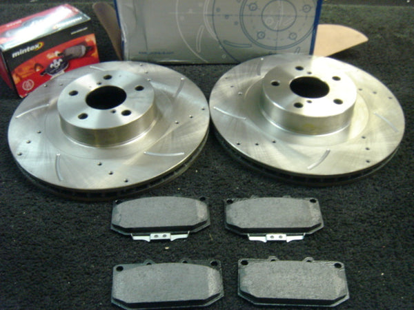 FOR IMPREZA WRX TURBO DRILLED GROOVED BRAKE DISC MINTEX PAD