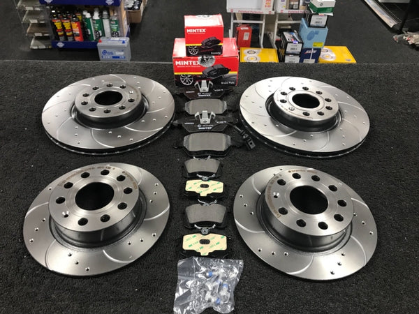 VW GOLF MK6 GTD BRAKE DISC FRONT REAR DRILLED GROOVED MINTEX PADS 312MM
