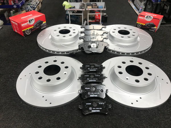 VW GOLF MK5 2.0GTi BRAKE DISC DRILLED GROOVED FRONT REAR MINTEX BRAKE PADS