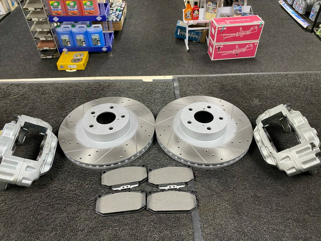 2 CROSS DRILLED GROOVED BRAKE DISC PAD 4POT BRAKE CALIPERS FOR IMPREZA WRX TURBO