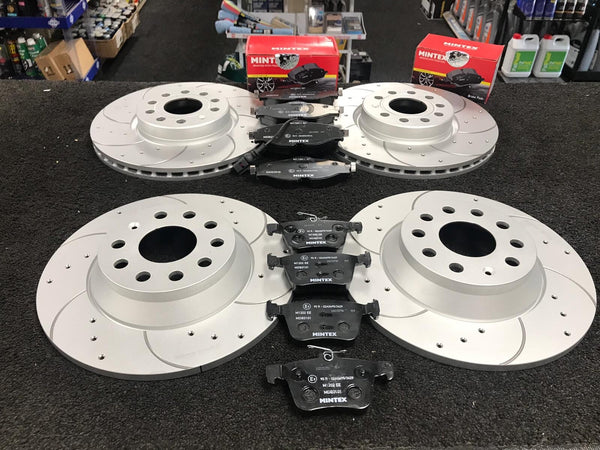 VW PASSAT 1.6TDi 150 B8 BRAKE DISC FRONT REAR DRILLED GROOVED MINTEX PADS