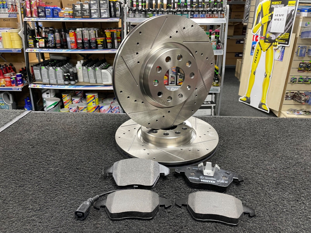 FOR EOS AUDI A3 (8P) FRONT DRILLED GROOVED BRAKE DISCS + PADS WITH WIRE  312mm