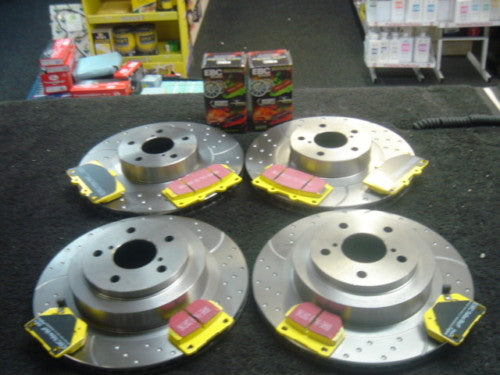 FOR IMPREZA WRX TURBO DIMPLED GROOVED BRAKE DISC YELLOW PAD