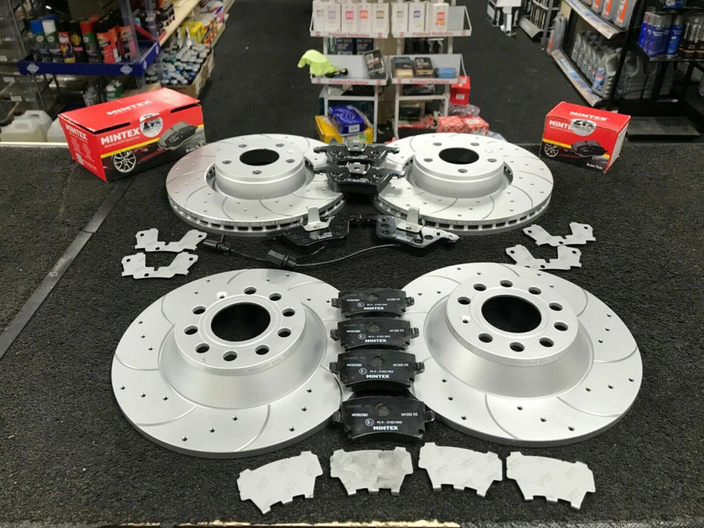 Audi Q5 qu. 2.0 FRONT REAR CROSS DRILLED GROOVED PERFORMANCE BRAKE DISCS & PADS 