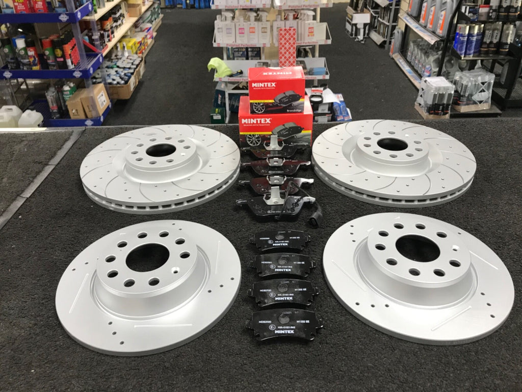 VW GOLF MK5 GTI SPORT BRAKE DISC DRILLED GROOVED MINTEX PAD FRONT REAR 345MM+282
