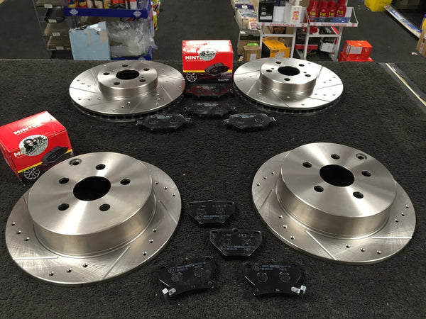 FOR CELICA 1.8VVTI 140BHP 02-06 BRAKE DISC DRILLED GROOVED MINTEX PADS FR RR