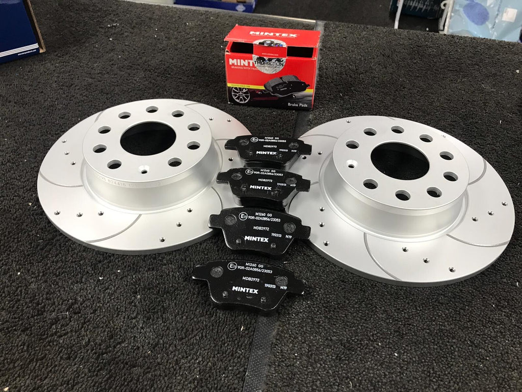 VW GOLF MK6 2.0GTi DSG BRAKE DISC CROSS DRILLED GROOVED BRAKE PAD FRONT REAR