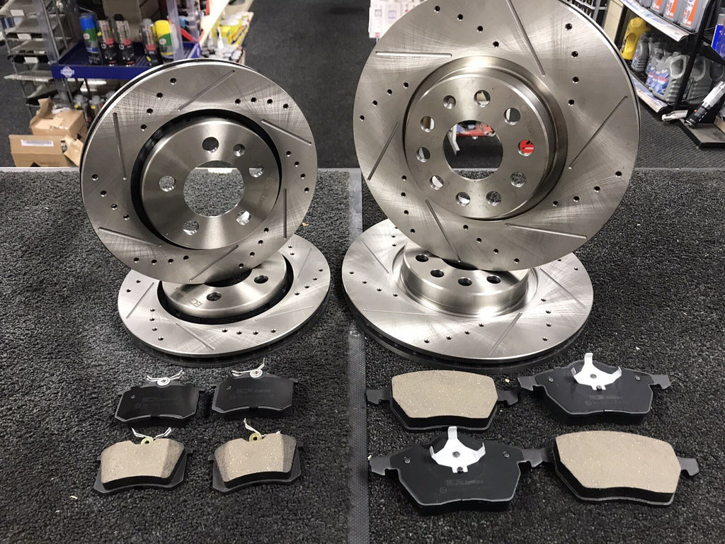 AUDI A3 LEON TOLEDO BORA V6 20V CROSS DRILLED GROOVED BRAKE DISC PAD FRONT REAR