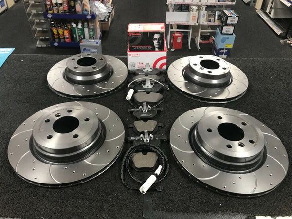 BMW 330 E93 DRILLED BRAKE DISC & BREMBO PADS WITH SENSOR FRONT REAR 348 + 336