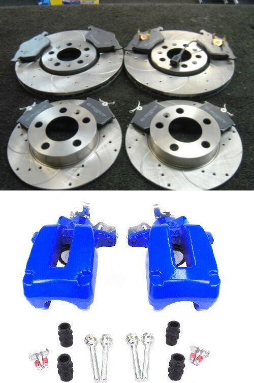 GOLF MK4 V5 V6 4MOTION BRAKE DISC DRILLED GROOVED PADS 2 REAR CALIPERS BLUE X2