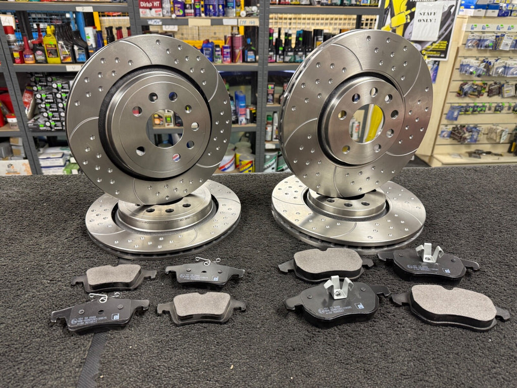 SAAB 9-3 2.0T BRAKE DISC VENTED  DIMPLED GROOVED FRONT REAR BRAKE PADS