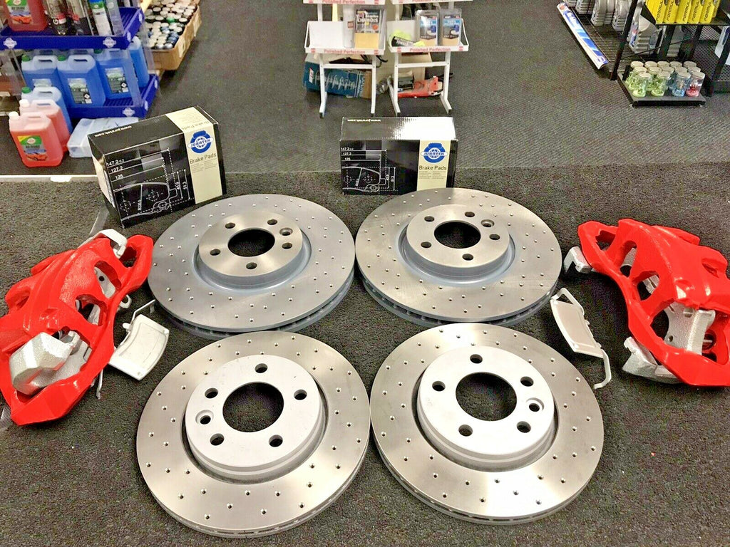 VW TRANSPORTER FRONT BIG BRAKE CONVERSION KIT FRONT REAR DRILLED DISC PADS RED 