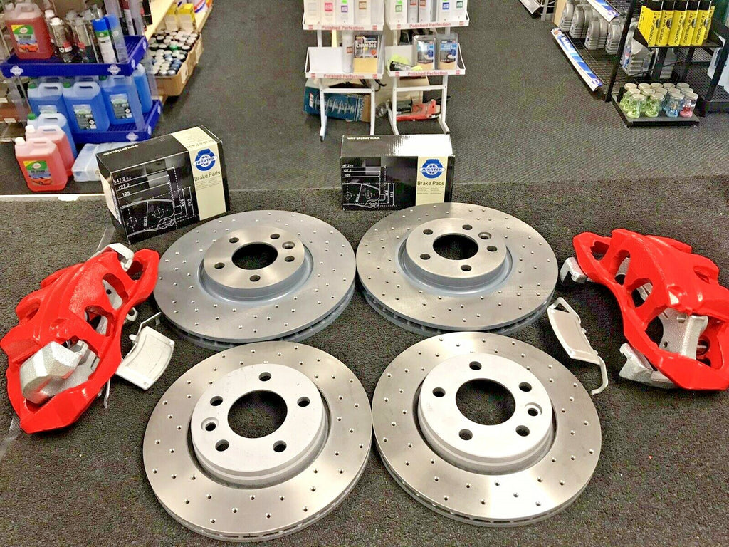 VW TRANSPORTER FRONT BIG BRAKE CONVERSION KIT FRONT REAR DRILLED DISC PADS RED 
