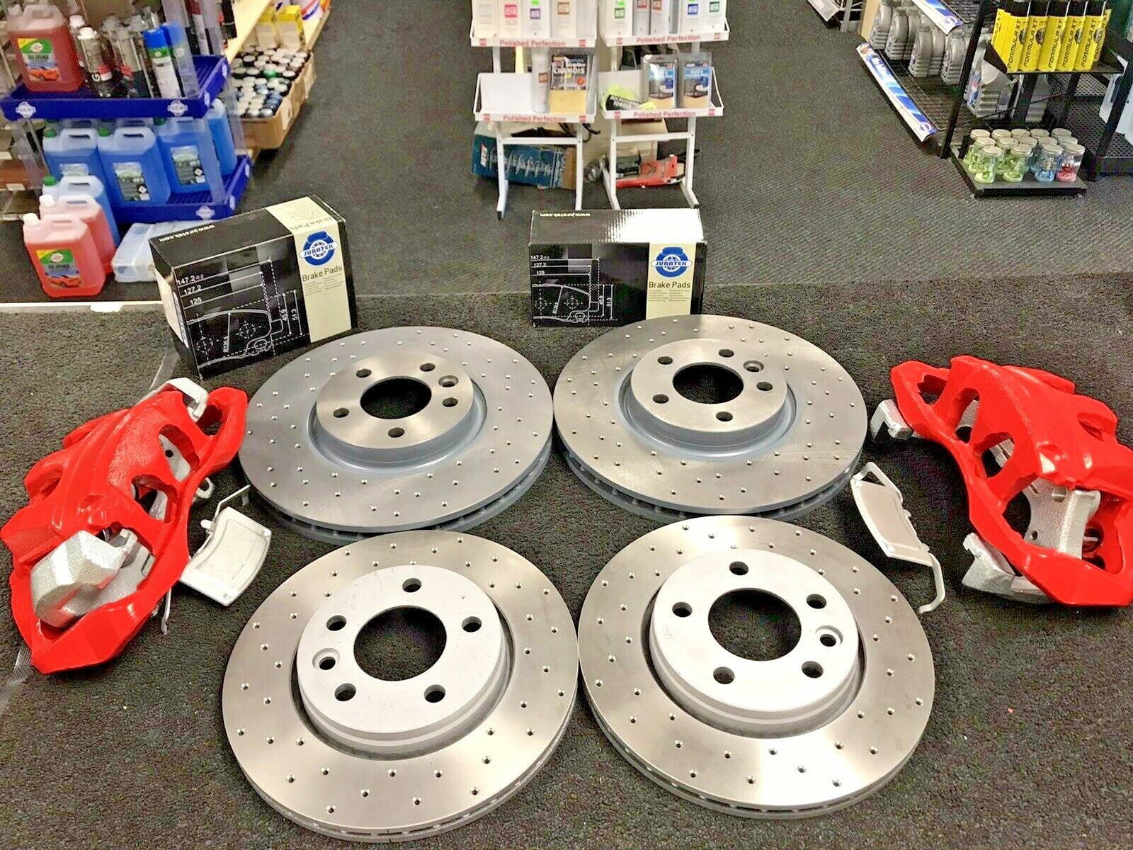 VW TRANSPORTER FRONT BIG BRAKE CONVERSION KIT FRONT REAR DRILLED DISC PADS RED 