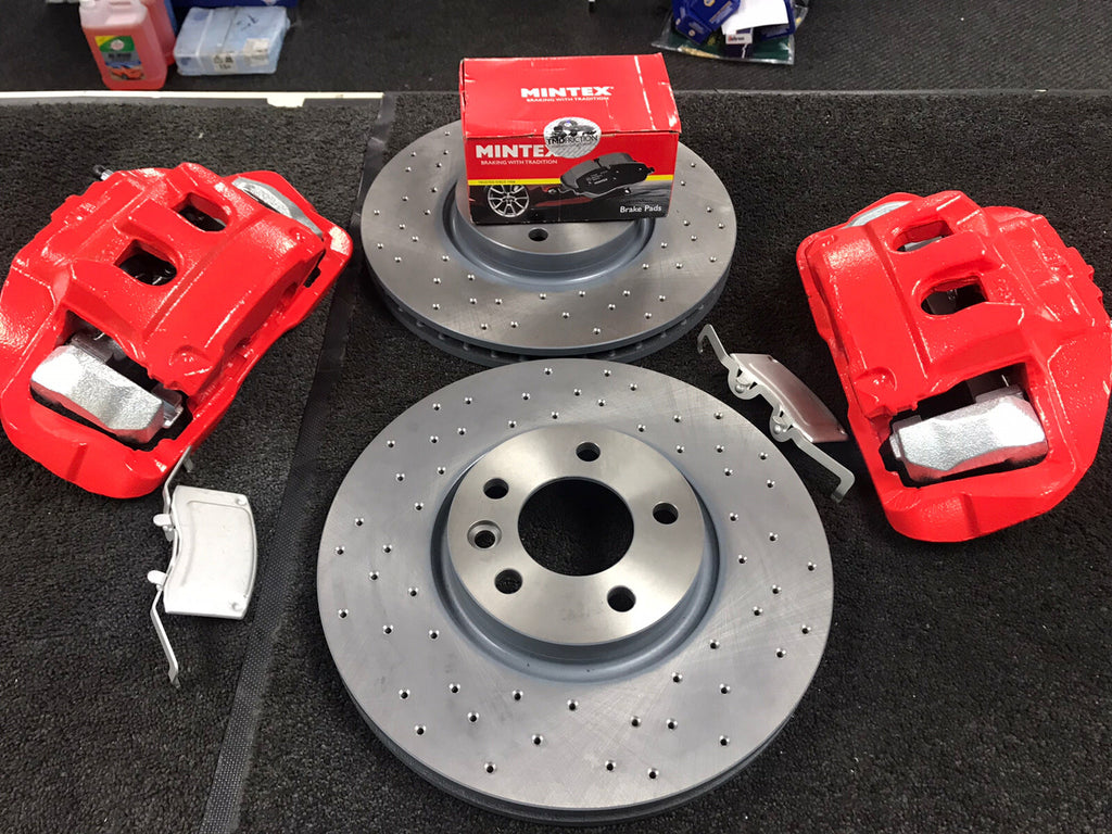 VW TRANSPORTER T5 T6 DRILLED BRAKE DISC PADS CONVERSION KIT 17" 340mm RED