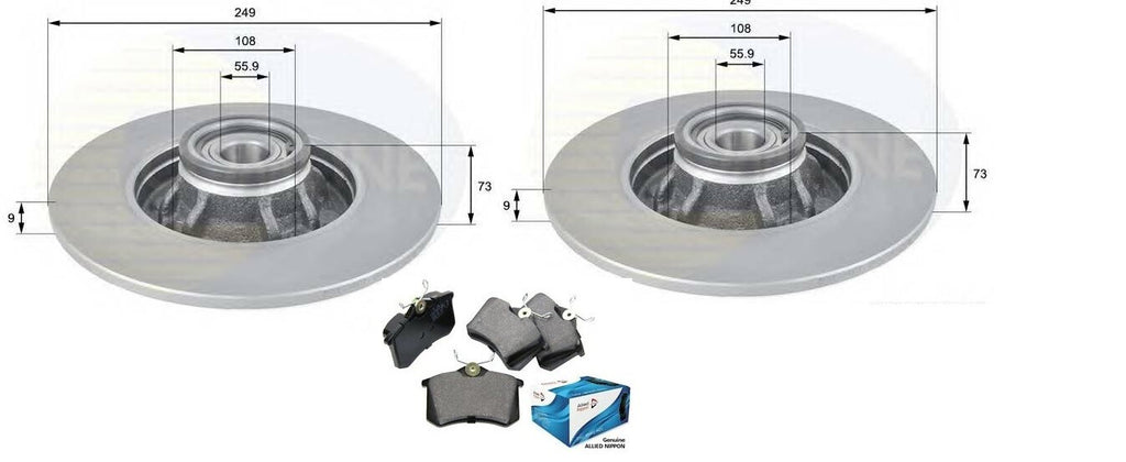 PEUGEOT 308 07-15 REAR BRAKE DISCS & PADS WITH WHEEL BEARINGS & ABS RINGS FITTED