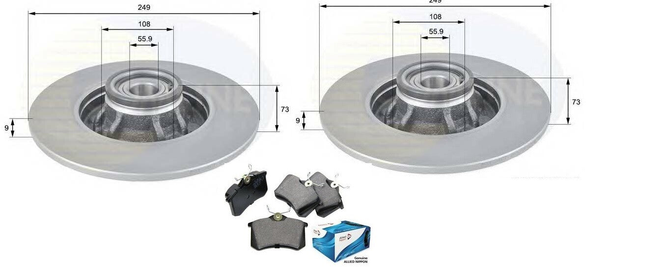 PEUGEOT 308 07-15 REAR BRAKE DISCS & PADS WITH WHEEL BEARINGS & ABS RINGS FITTED