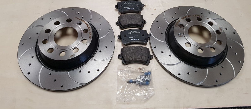 VW PASSAT 2.0TDi 150 BMT B8 BRAKE DISC REAR CROSS DRILLED GROOVED MINTEX PADS