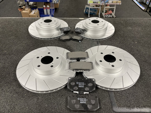 FOR IMPREZA WRX TURBO BUGEYE 1998-06 BRAKE DISCS FRONT REAR GROOVED MINTEX PADS