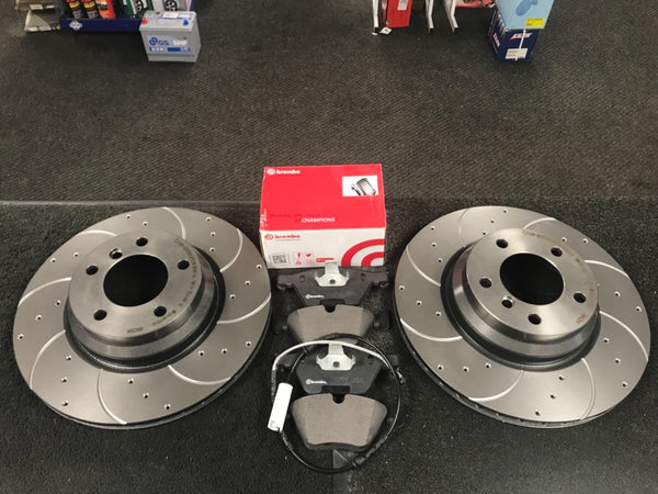 BMW 330i 330D 335D E90 E91 E92 DRILLED BRAKE DISCS BREMBO PAD +SENSOR FRONT REAR