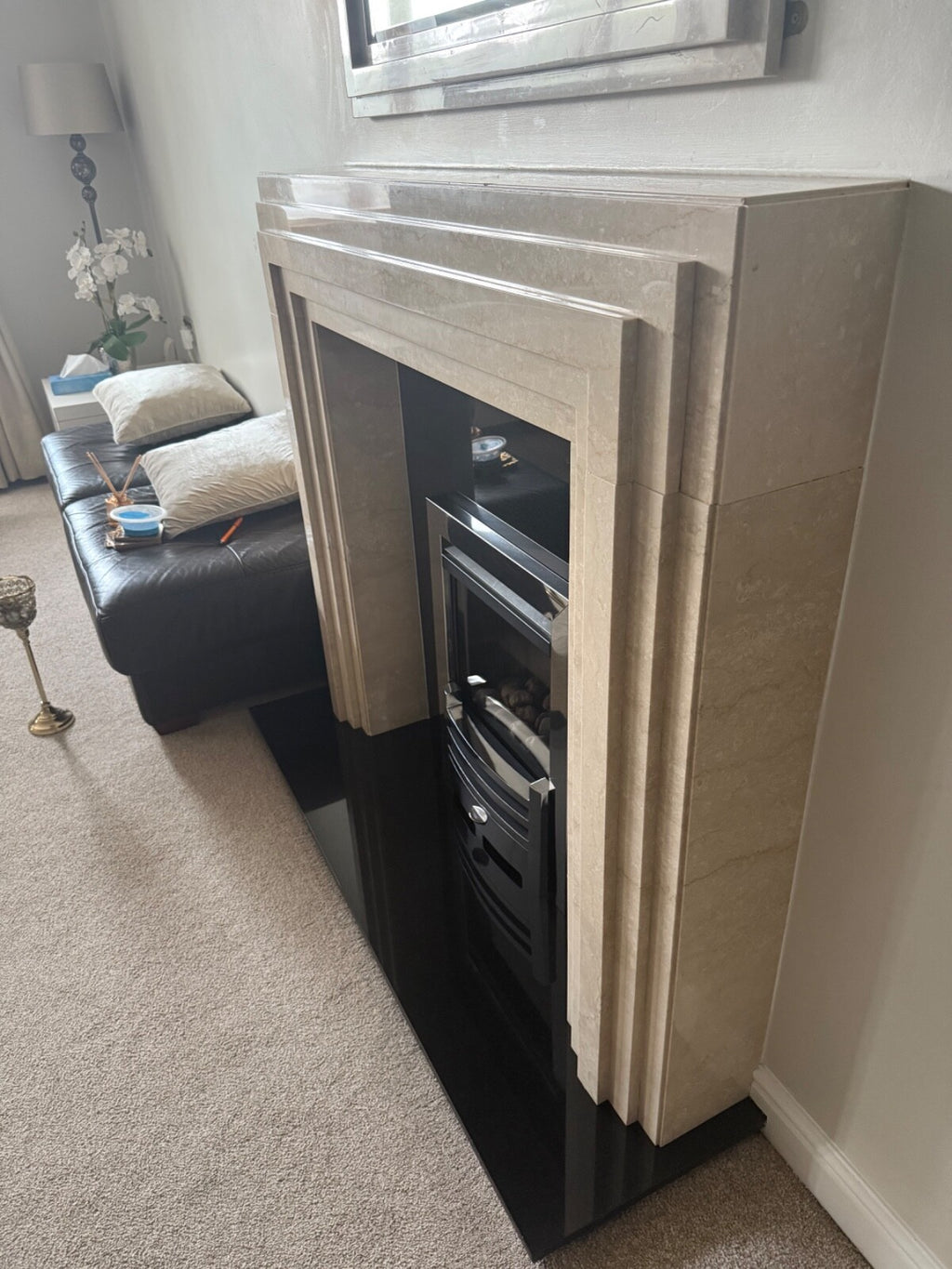 Marble fire place Fire And Mirror complete set with gas fire mint condition