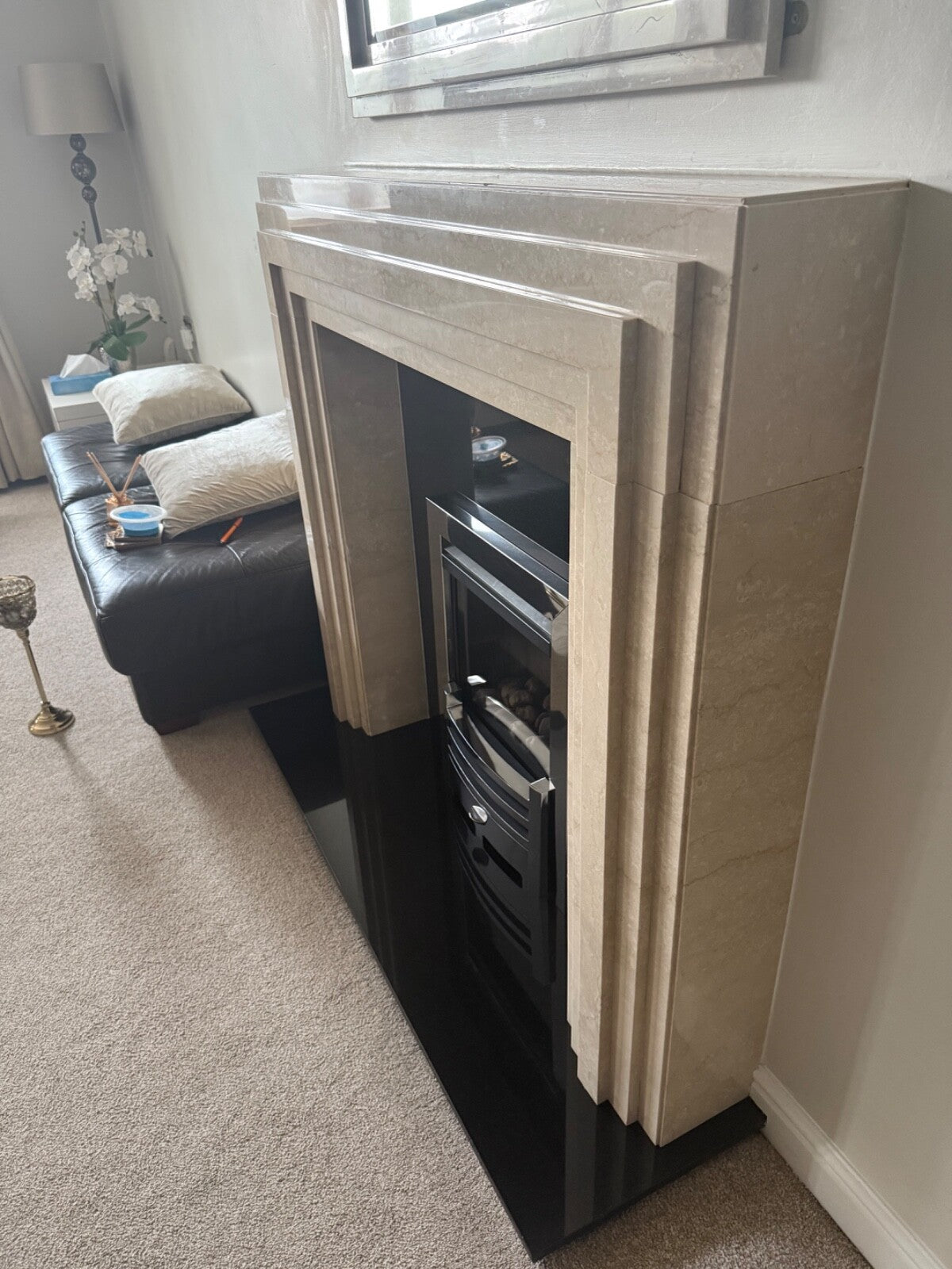 Marble fire place Fire And Mirror complete set with gas fire mint condition