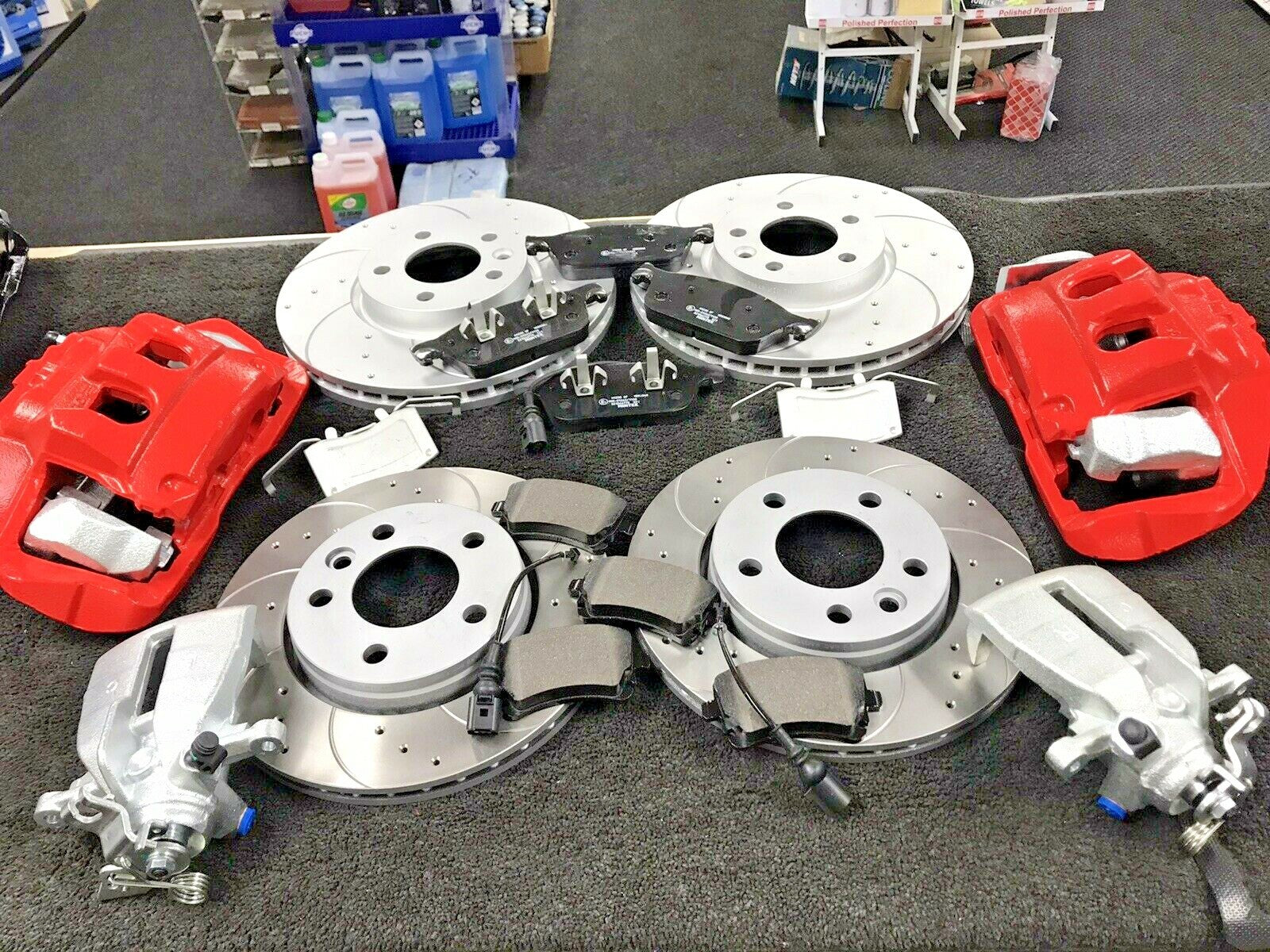 VW TRANSPORTER T5 T6 BRAKE DISC PAD DRILLED GROOVED FRONT BIG RED CALIPER KIT