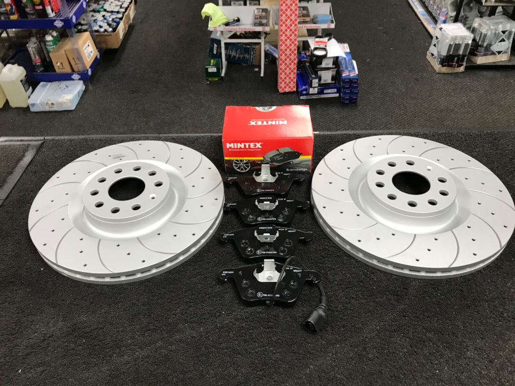 VW GOLF MK5 GTI SPORT BRAKE DISC DRILLED GROOVED MINTEX PAD FRONT REAR 345MM+282