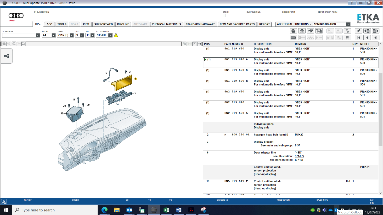 AUDI A4 AVANT 2016 ON MMI DISPLAY SCREEN MIB3HIGH 8W1919620A GENUINE BRAND NEW