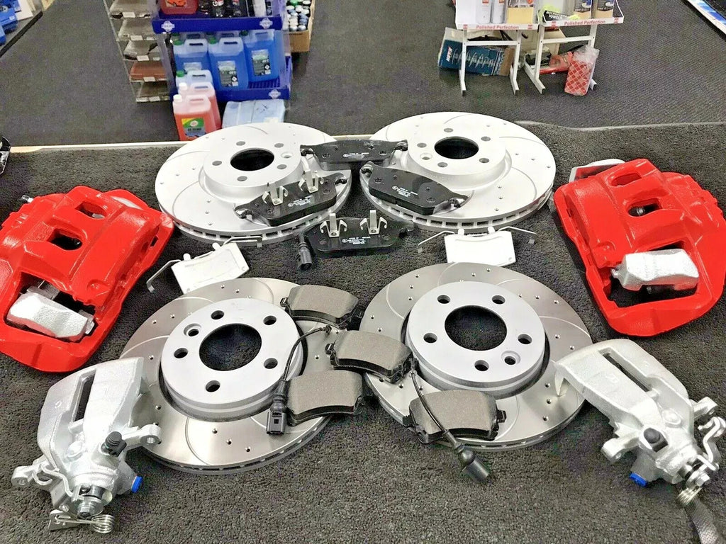 VW TRANSPORTER T5 T6 BRAKE DISC PAD DRILLED GROOVED FRONT BIG RED CALIPER KIT