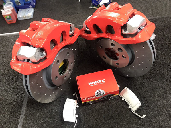VW TRANSPORTER PERFORMANCE DRILLED BRAKE DISC CALIPER KIT 340mm RED