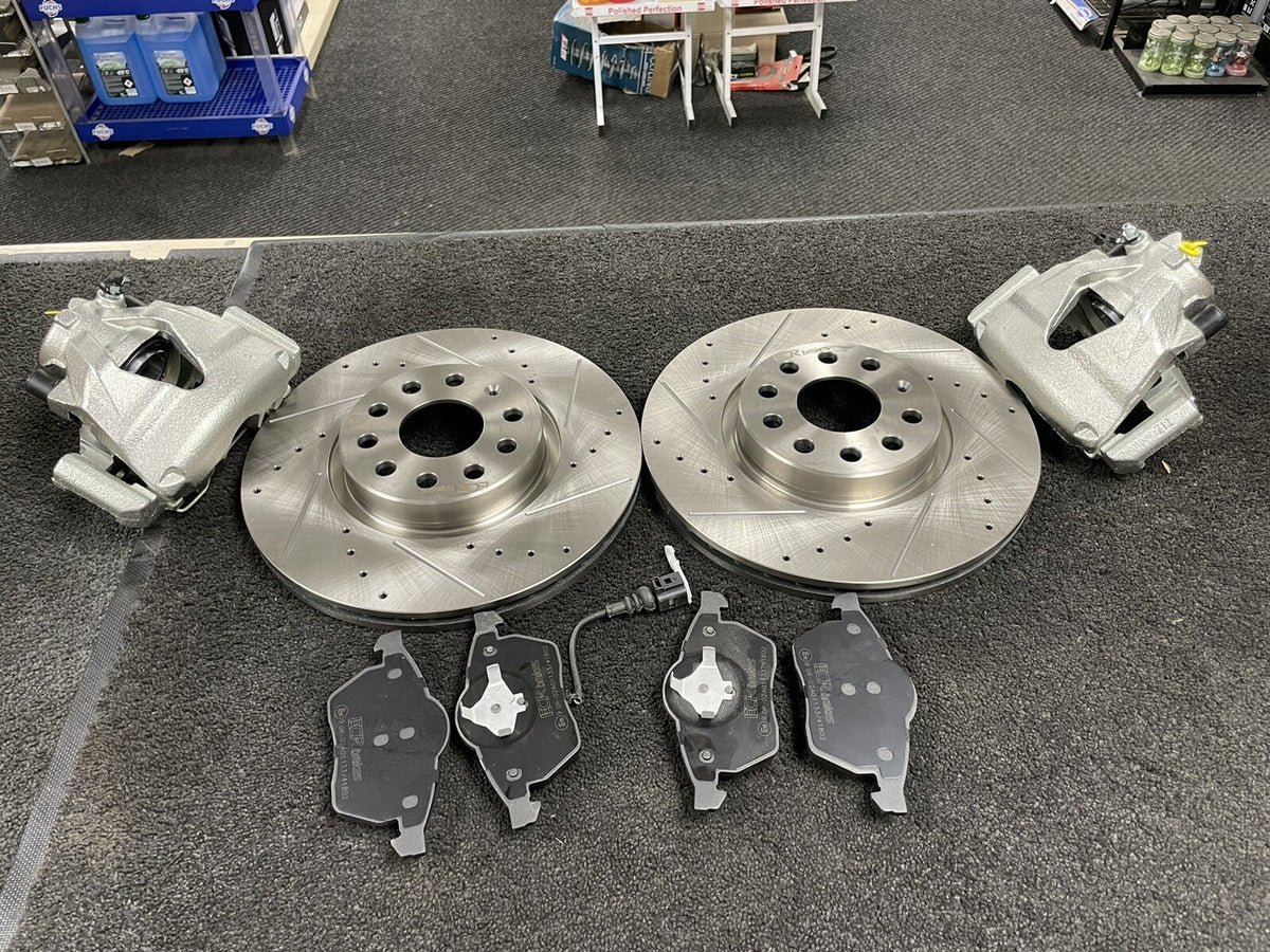 VW POLO 9N DRILLED GROOVED BRAKE DISC CONVERSION UPGRADE CALIPERS 288/312