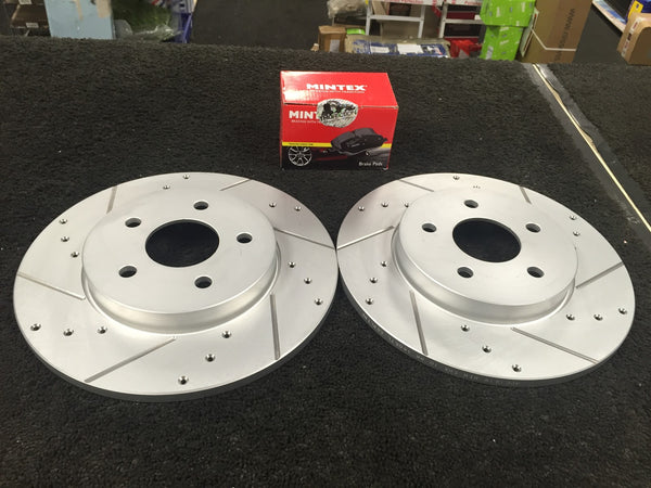 FOR JAGUAR X TYPE 2.0i 2.0TD 2.5 3.0 DRILLED GROOVED BRAKE DISC MINTEX PADS REAR
