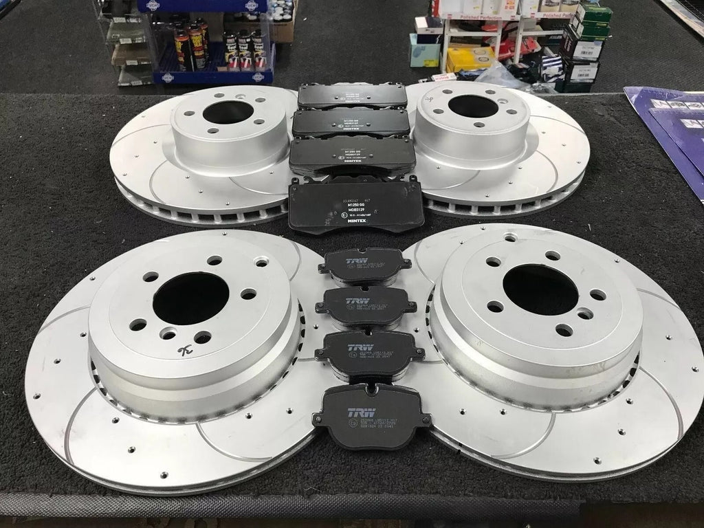 DEFENDER 90 X-DYNAMIC SE MK3 P300  DRILLED GROOVED BRAKE DISC & PADS FRONT BACK