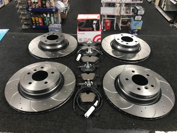 BMW 330i 330D 335D E90 E91 E92 DRILLED BRAKE DISCS BREMBO PAD +SENSOR FRONT REAR