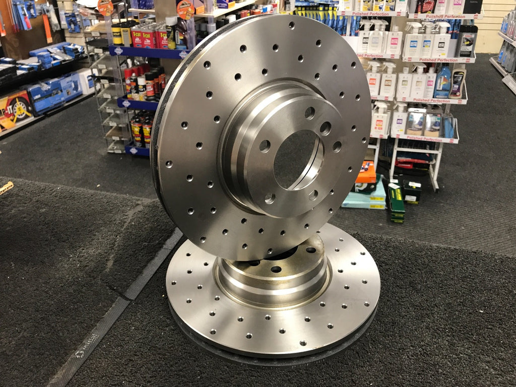 BMW 750iL 5.4 E38 2 FRONT BRAKE DISC CROSS DRILLED 334MM