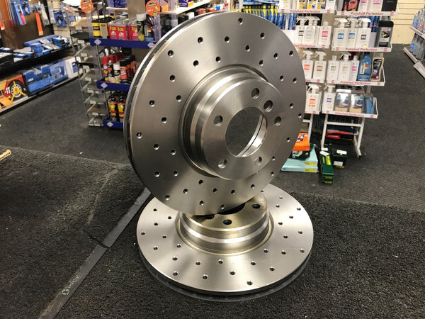 BMW 750iL 5.4 E38 2 FRONT BRAKE DISC CROSS DRILLED 334MM