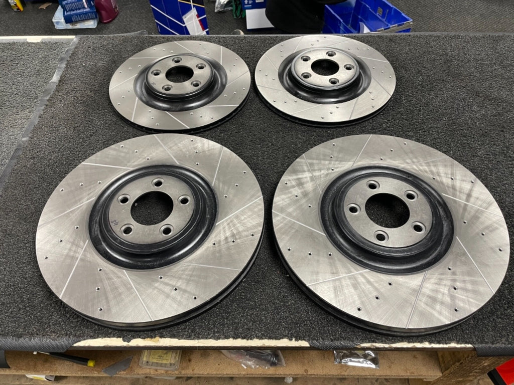 JAGUAR F TYPE V6 S XF XJ CROSS DRILLED GROOVED BRAKE DISC MINTEX PAd 380 325MM